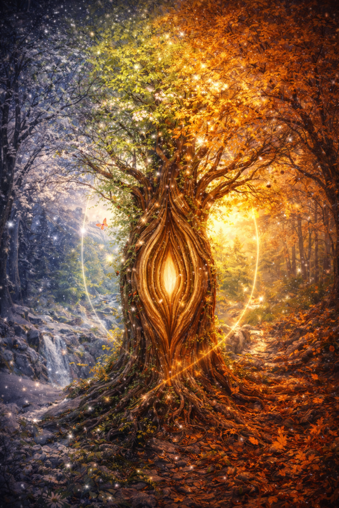 Die 4 Phasen des Menstruationszyklus dargestellt als Jahreszeiten - Winter, Frühling, Sommer, Herbst